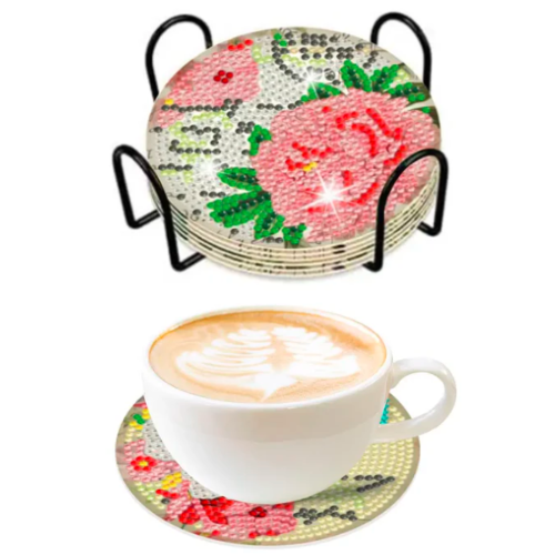 Zestaw 8 Podstawek pod Kubki z Haftem Diamentowym | DIY Mozaika 5D – KWIATY