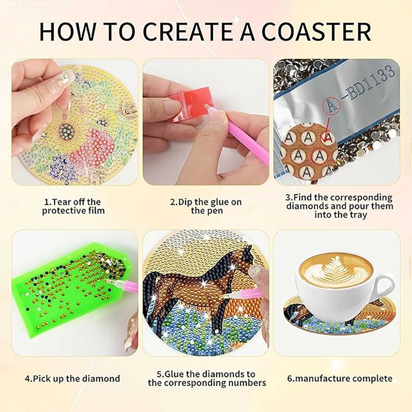 Zestaw 8 Podkładek z Haftem Diamentowym — Motyw Koń + Stojak