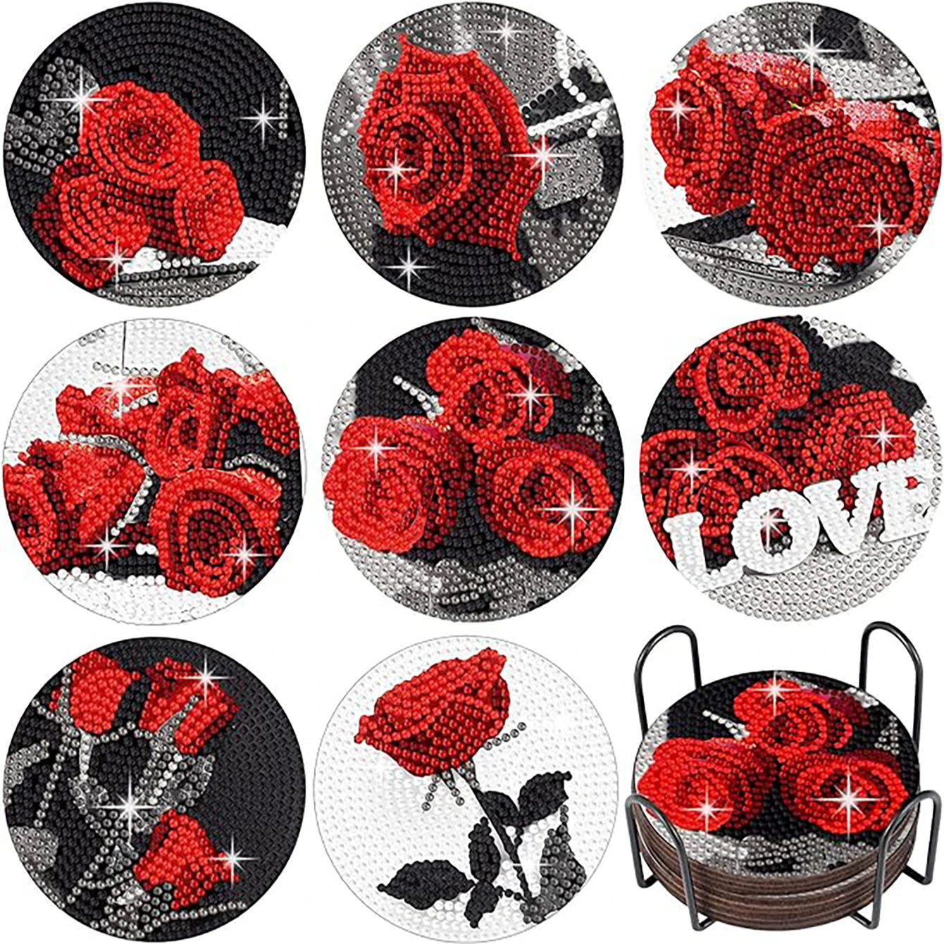 Zestaw 8 Podkładek z Haftem Diamentowym — Motyw Koń + Stojak