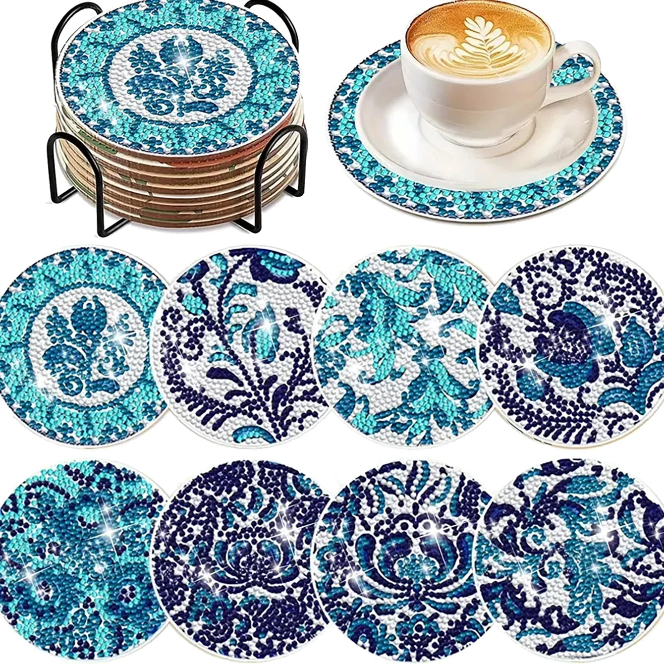 Zestaw 8 Podkładek z Haftem Diamentowym — Motyw Koń + Stojak