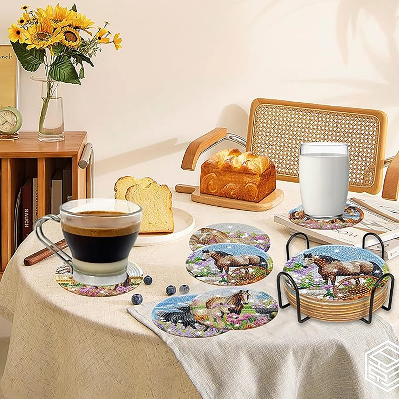 Zestaw 8 Podkładek z Haftem Diamentowym — Motyw Koń + Stojak