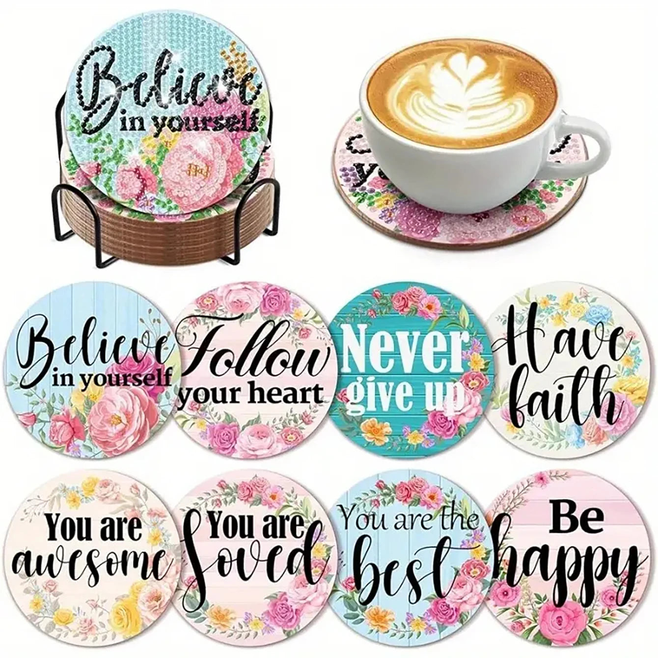 Zestaw 8 Podkładek z Haftem Diamentowym — Motyw Koń + Stojak